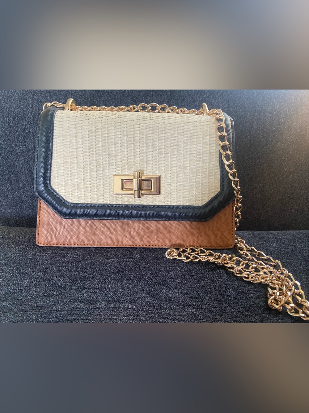 Cream, Brown, and Black Crossbody Bag with Gold Chain - by Aldo
